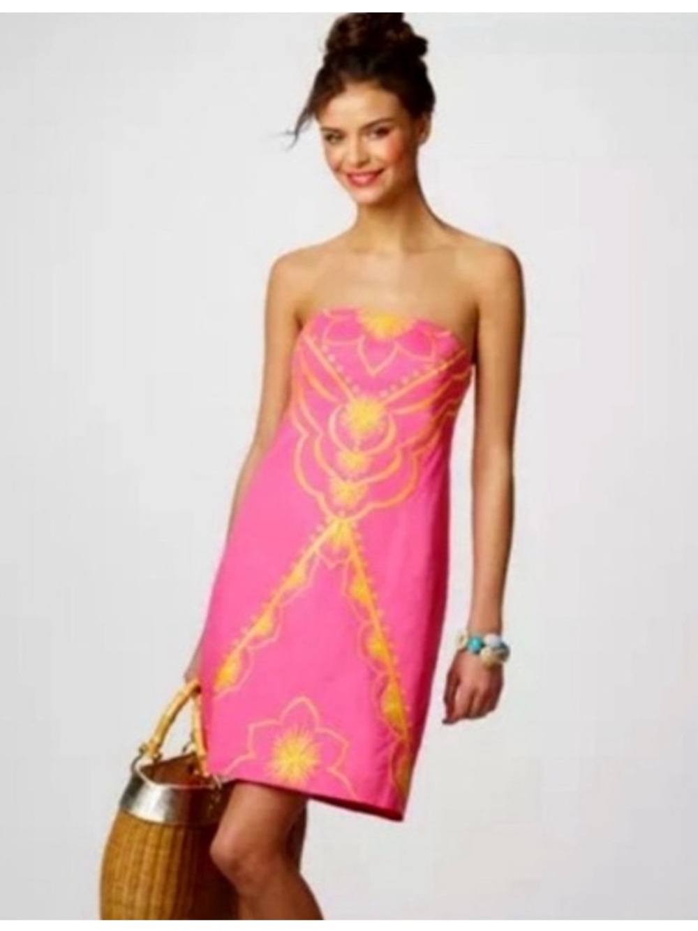 NWT Lilly Pulitzer Strapless Pink Dress with Yellow Motif